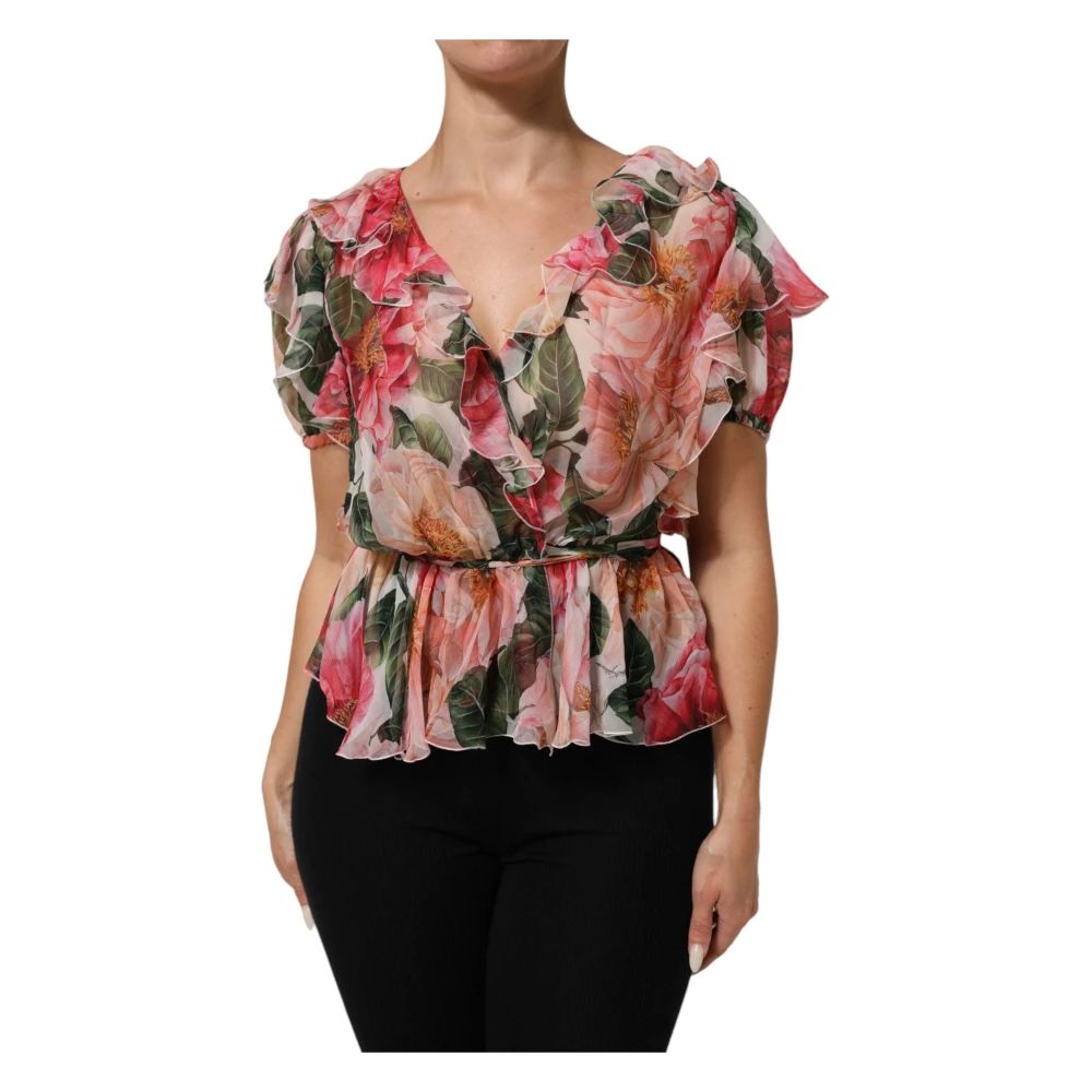 Dolce & Gabbana Women's Multicolor Blouses, M, Pink Camellias Printed Silk V-Neck Blouse Top