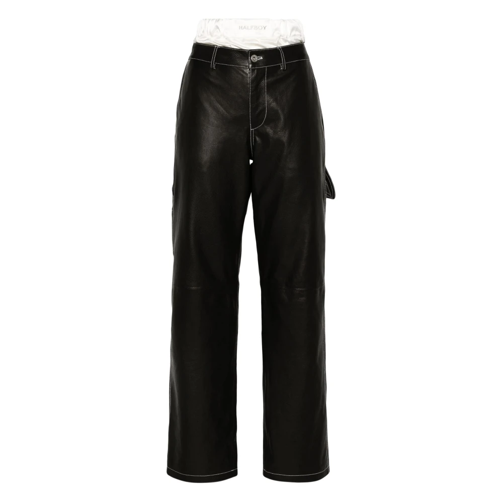 Halfboy Zwarte werkersbroek van echt leer Black Dames
