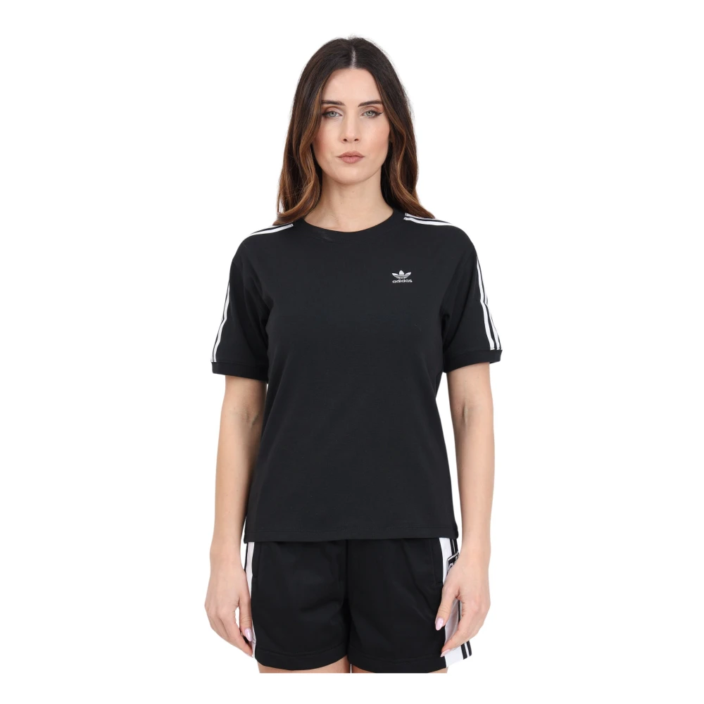 Adidas Originals Zwarte 3 Strepen Geribbeld T-shirt Black Dames