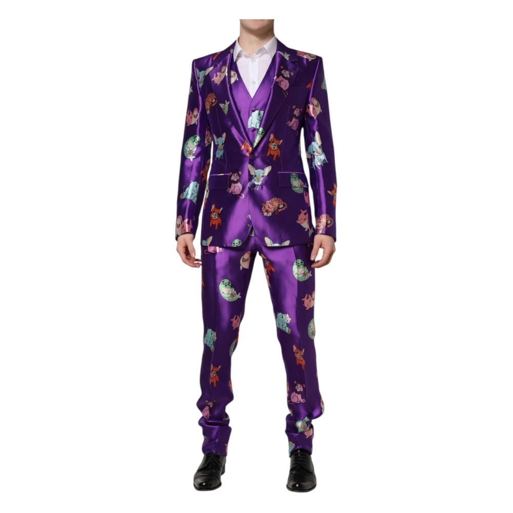 Dolce & Gabbana Men's Purple Single Breasted Suits, M, Silk Animal Print 3 Piece Suit