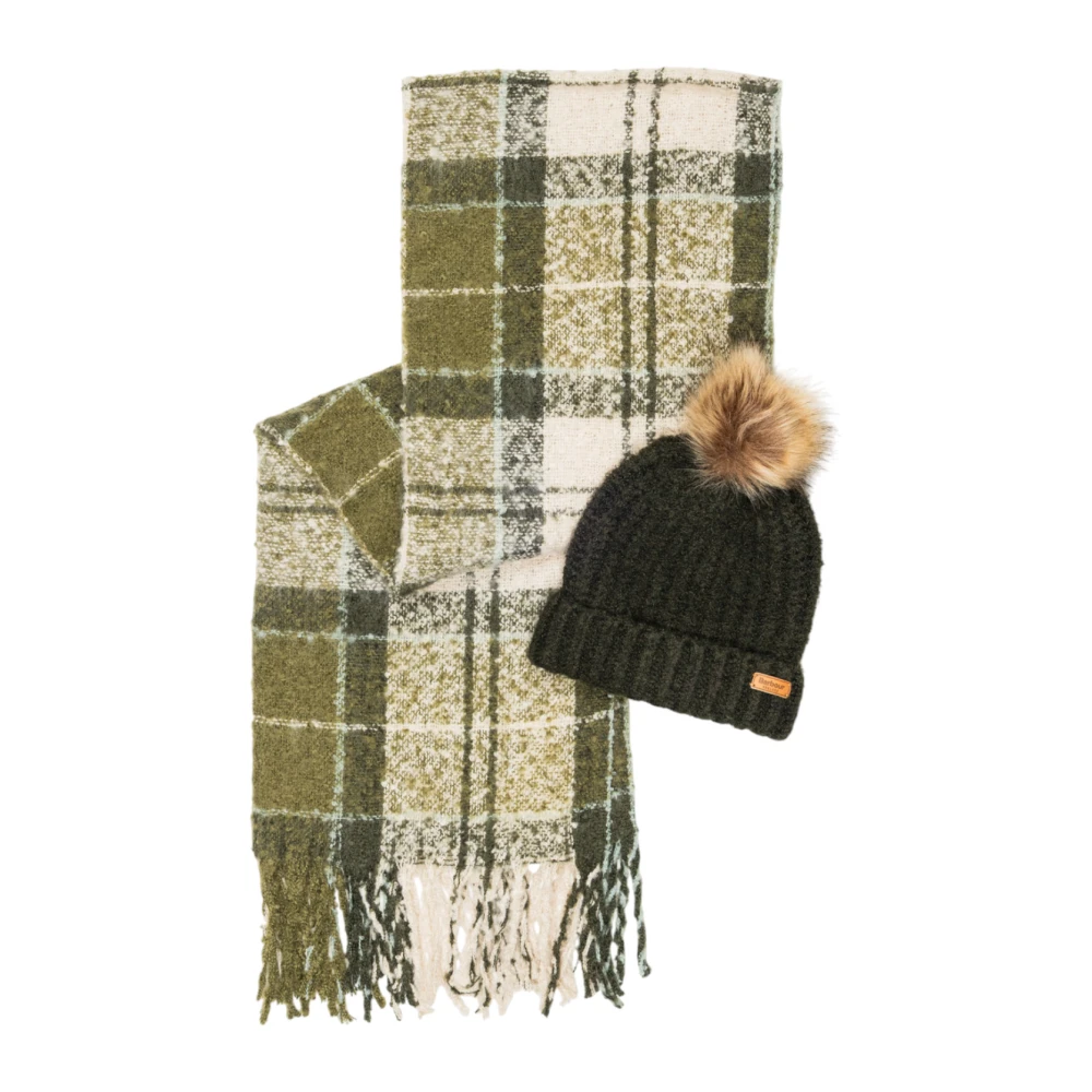 Barbour Women's Green Saltburn Beanie & Tartan Scarf Gift Set