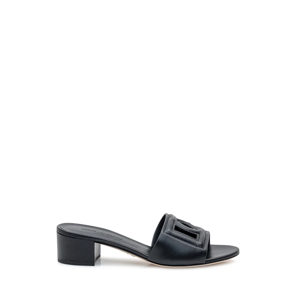 Dolce & Gabbana Vrouw Zwart Schoenen Dames, 36 Eu, Leer, Logo Leren Slippers