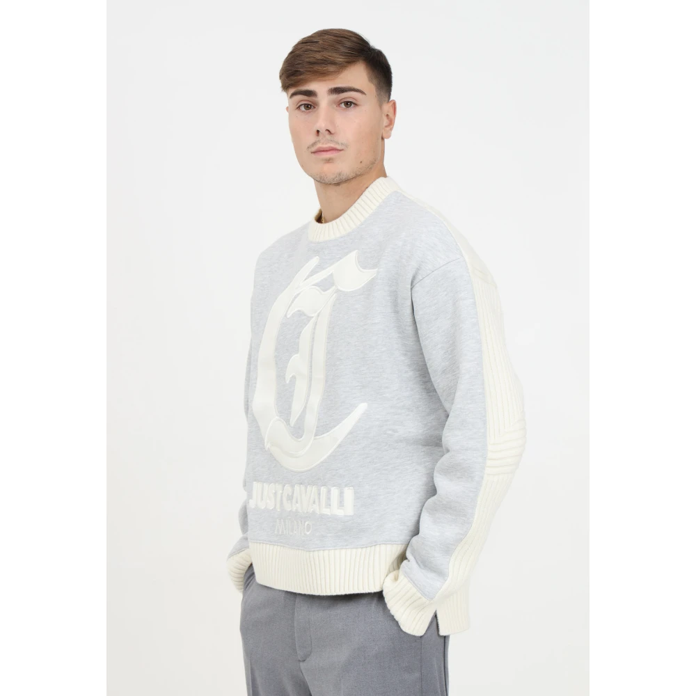 Just Cavalli Bicolor Crew Neck Sweater Diamond Motif Beige Heren