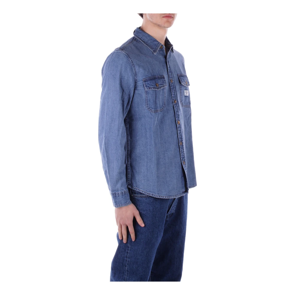 Guess Denim Logo Frontale Shirt Twee Zakken Blue Heren