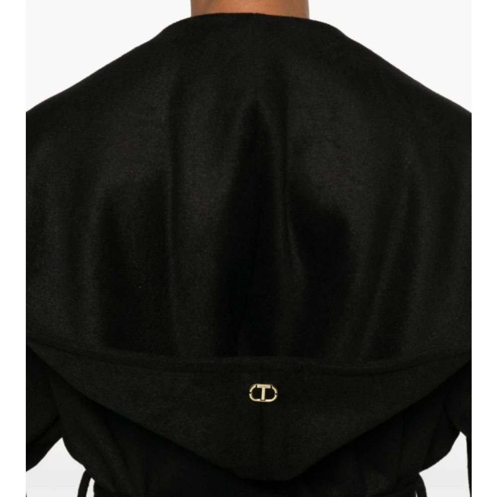 Twinset Zwarte jas met capuchon en riem Black Dames