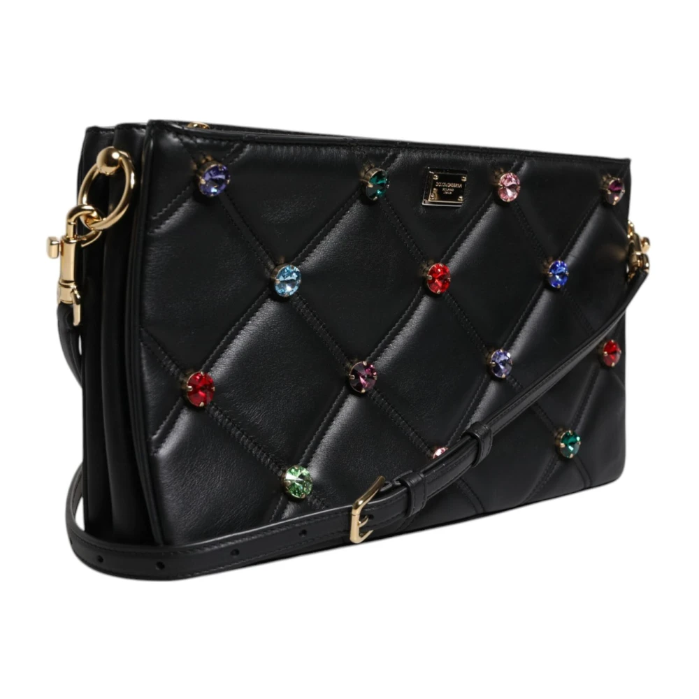 Dolce & Gabbana Kristal Logo Schoudertas Zwart Leer Black Dames