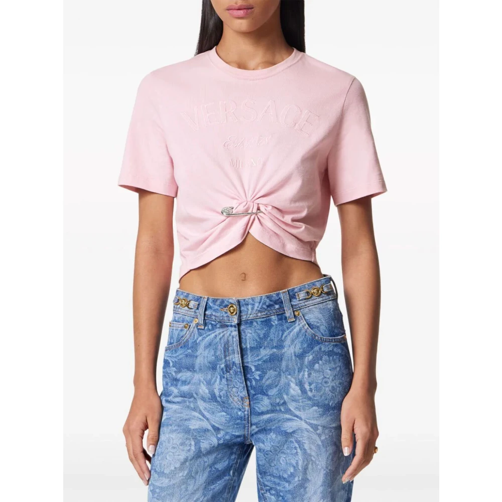Versace Logo Borduurwerk Cropped T-Shirt Pink Dames