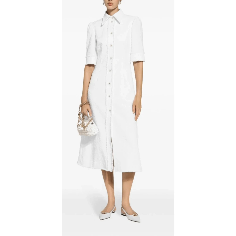 Dolce & Gabbana Witte Tweed Midi Overhemdjurk White Dames