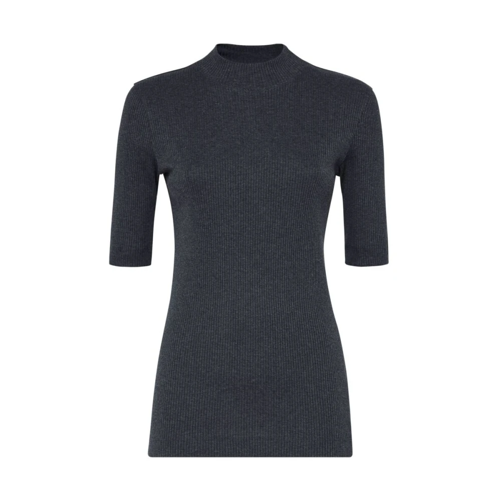 BRUNELLO CUCINELLI Gebreide T-shirt met opstaande kraag Gray Dames