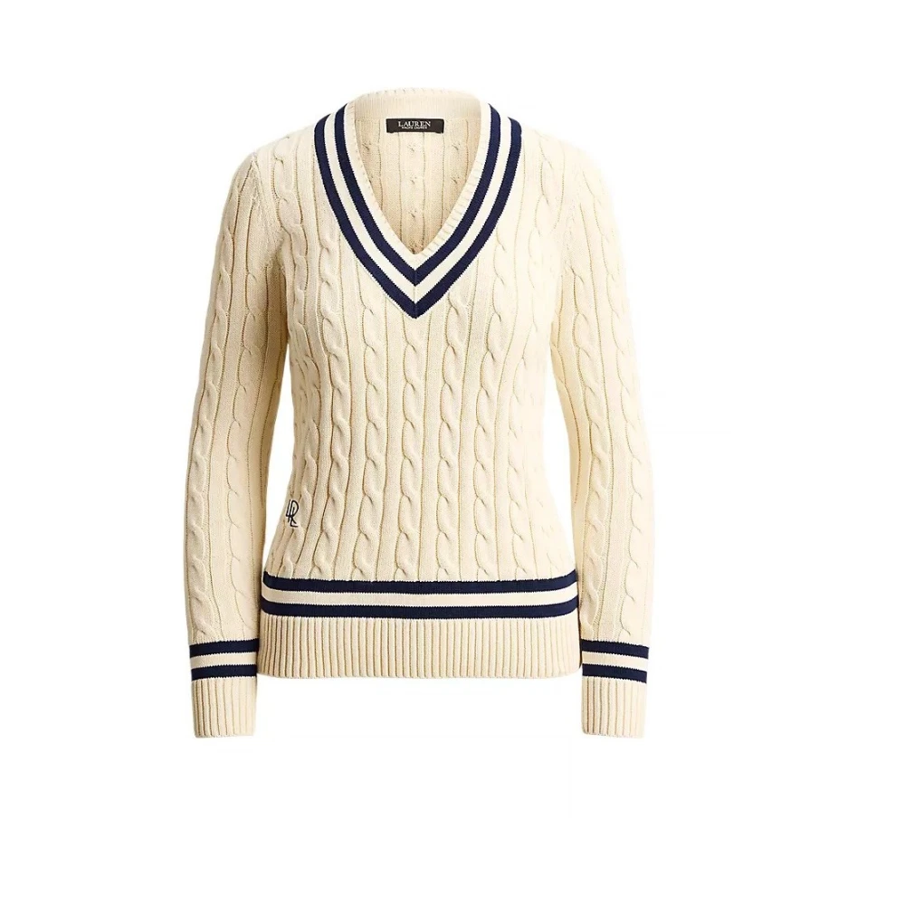 Ralph Lauren Kvinno Beige Stickade Tröjor Dam, Xl, Vesta V-Ringstickad Tröja