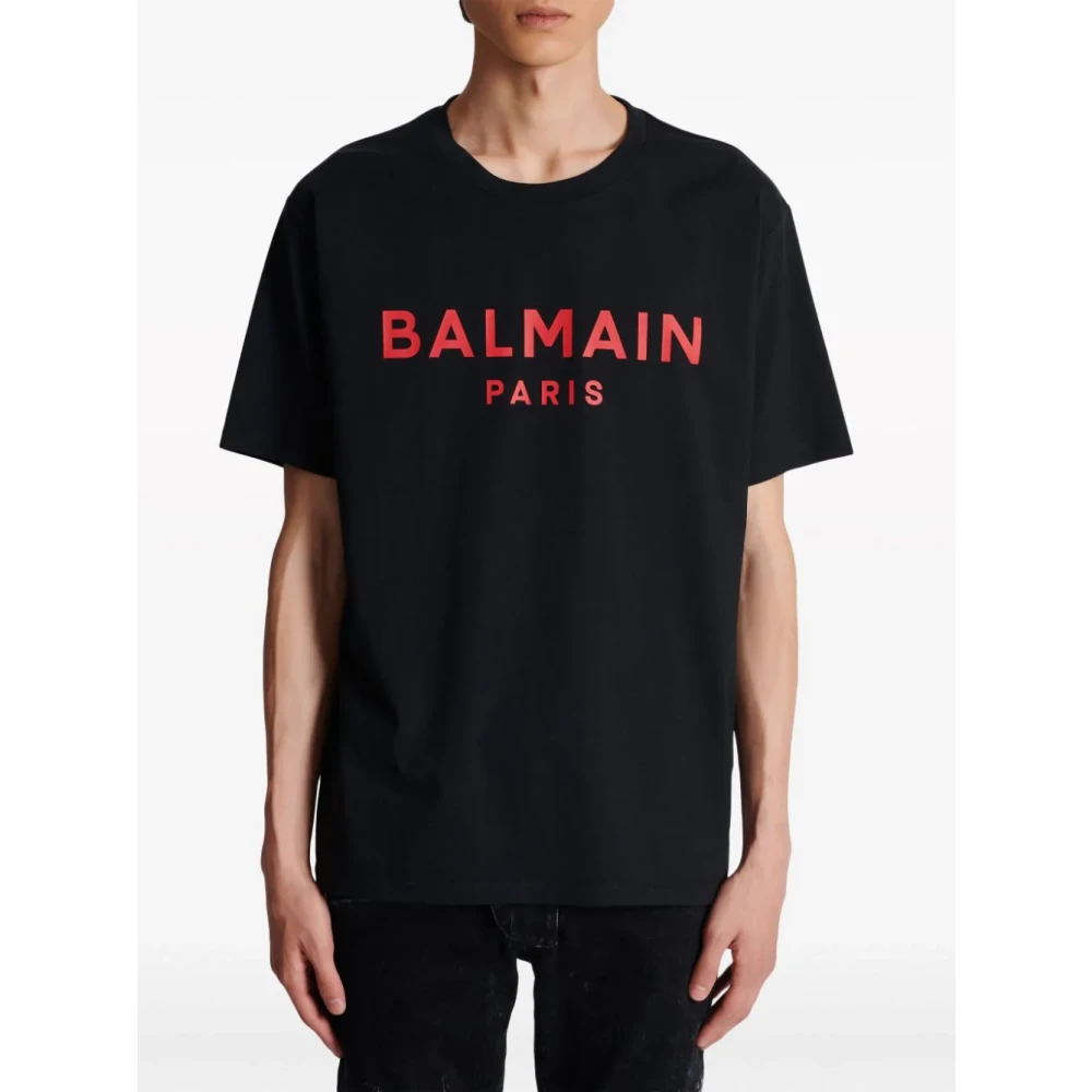 Balmain Zwart Logo Print Ronde Hals T-shirt Black Heren