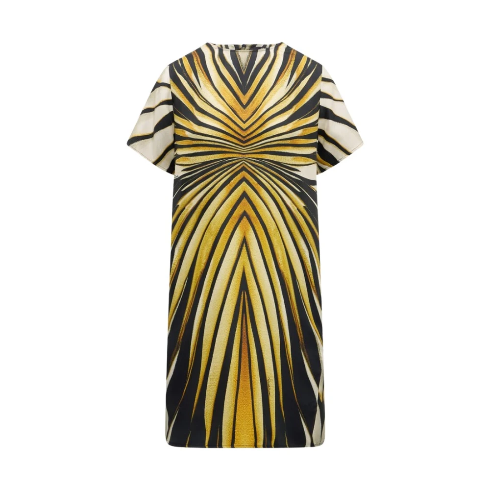 Roberto Cavalli Yellow Short Dresses, Female, Xs, Ray Of Gold Print Silk Mini Dress