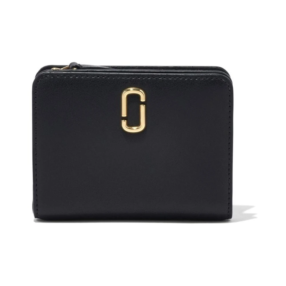 Marc Jacobs Svart Läder Mini Compact Plånbok med Guldtonad Logotyp Black, Dam
