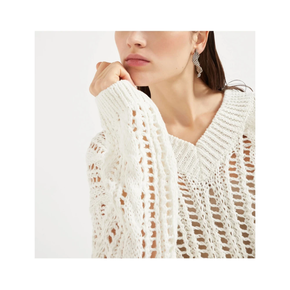 BRUNELLO CUCINELLI Witte Geribbelde V-Hals Trui White Dames