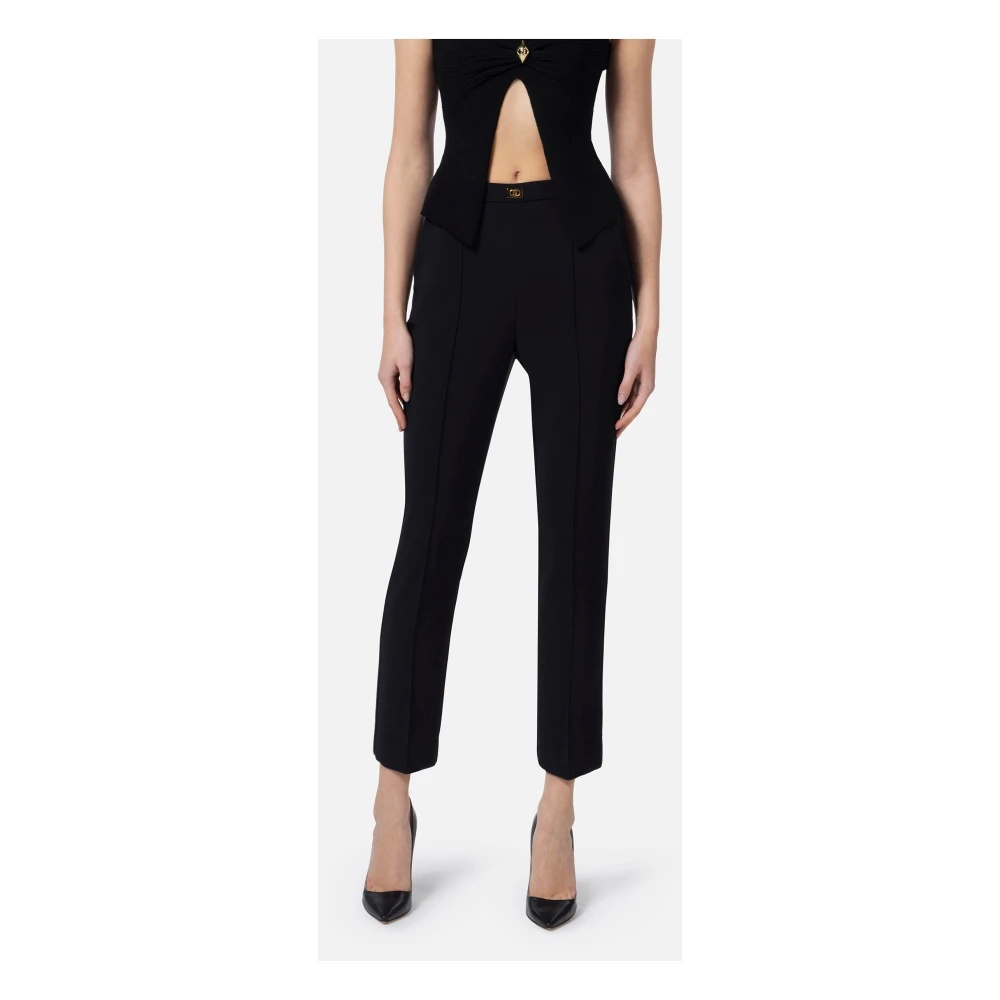Elisabetta Franchi Zwarte Stretch Crepe Broek met Gouden Logo Black Dames