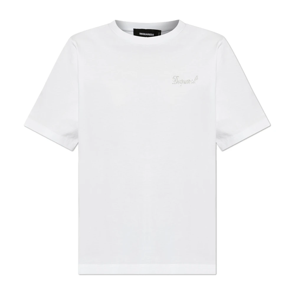 Dsquared2 Vit T-Shirt Med Logga, Dekorerad Med Skimrande Applikationer