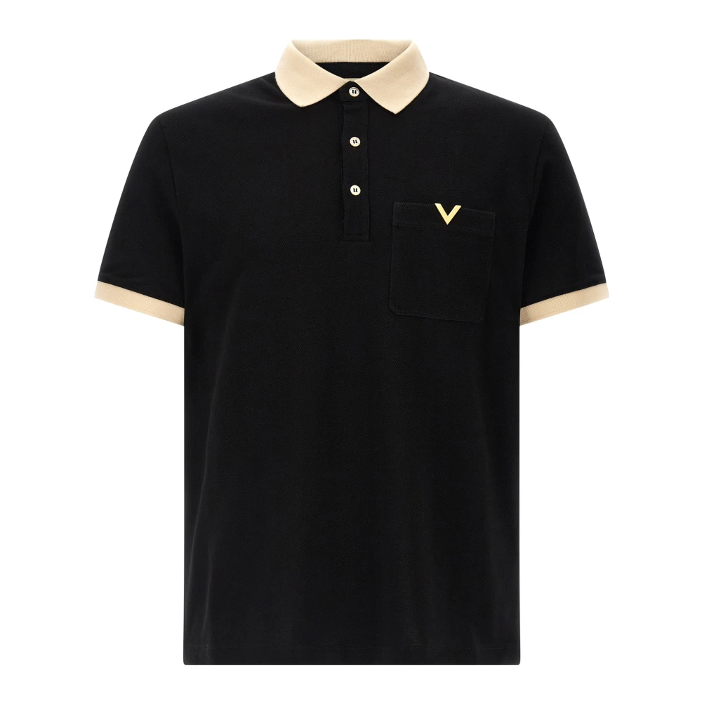 Valentino Garavani Men's Black Polo Shirt In Cotton Piquet With Vgold