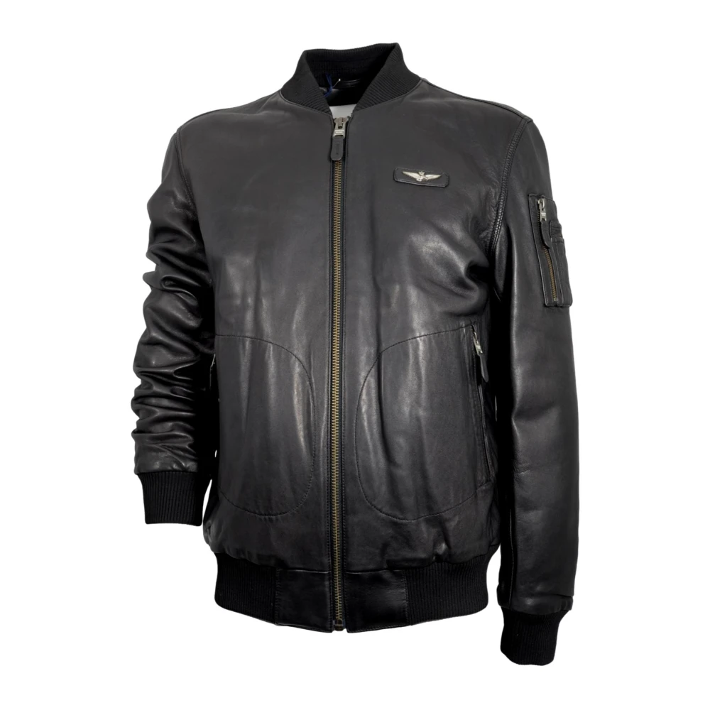aeronautica militare Zwarte leren bomberjack met metalen adelaar Black Heren