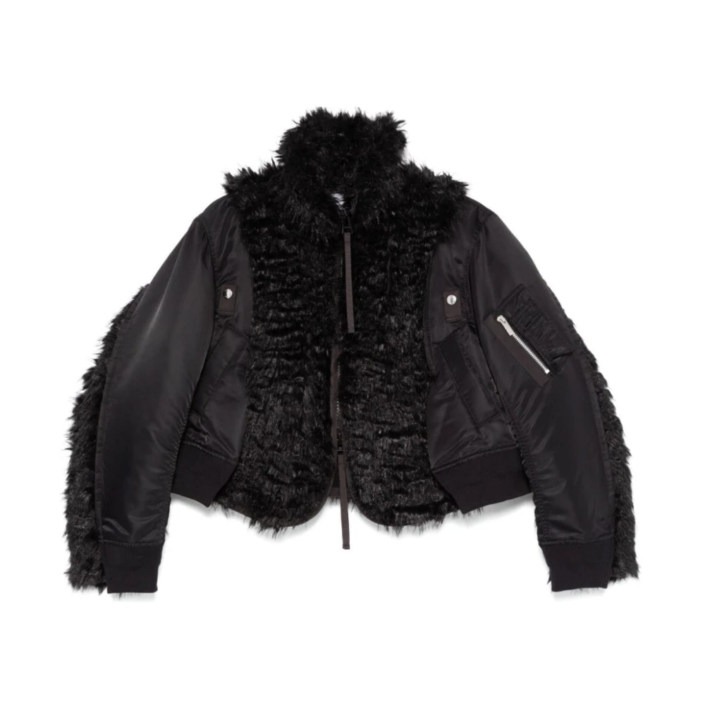 Sacai Zwarte Faux Fur Nylon Blouson Jas Black Dames