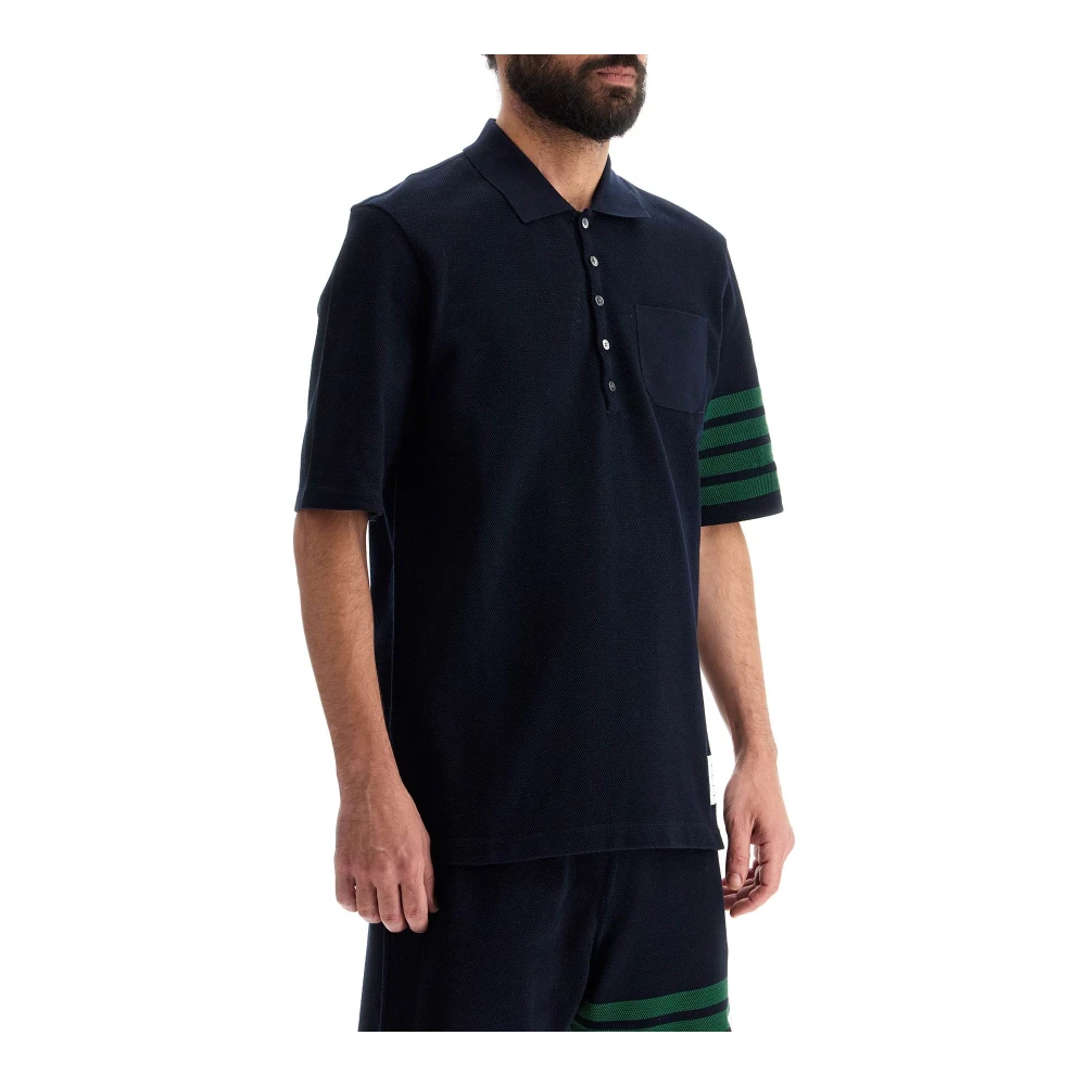 Thom Browne 4-Bar Polo Shirt met Geribbelde Zak Blue Heren