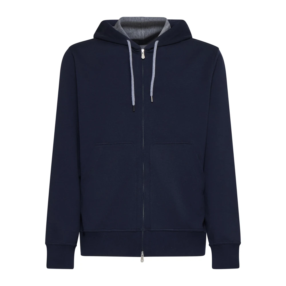 Brunello Cucinelli Men's Blue Zip-Throughs, Xl, Double Cloth Sweatshirt