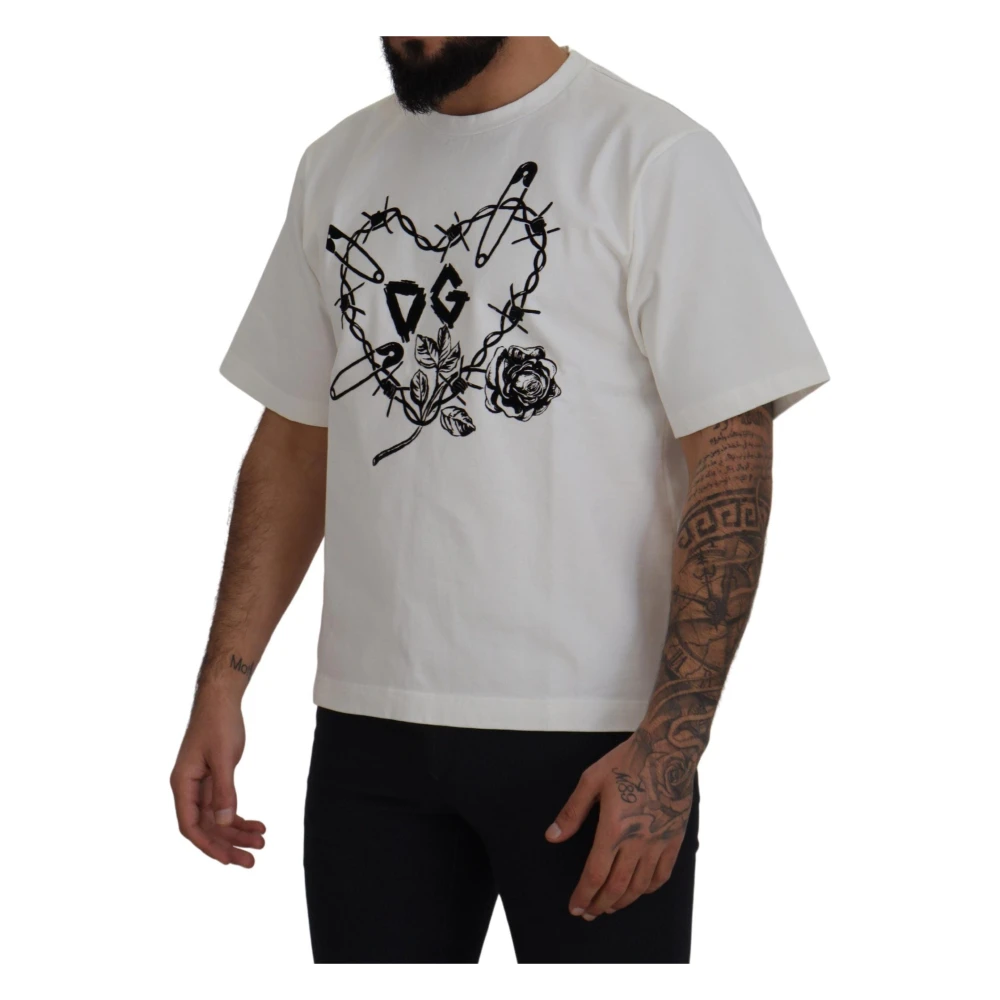 Dolce & Gabbana Wit Hart-Rose T-shirt met Ronde Hals White Heren