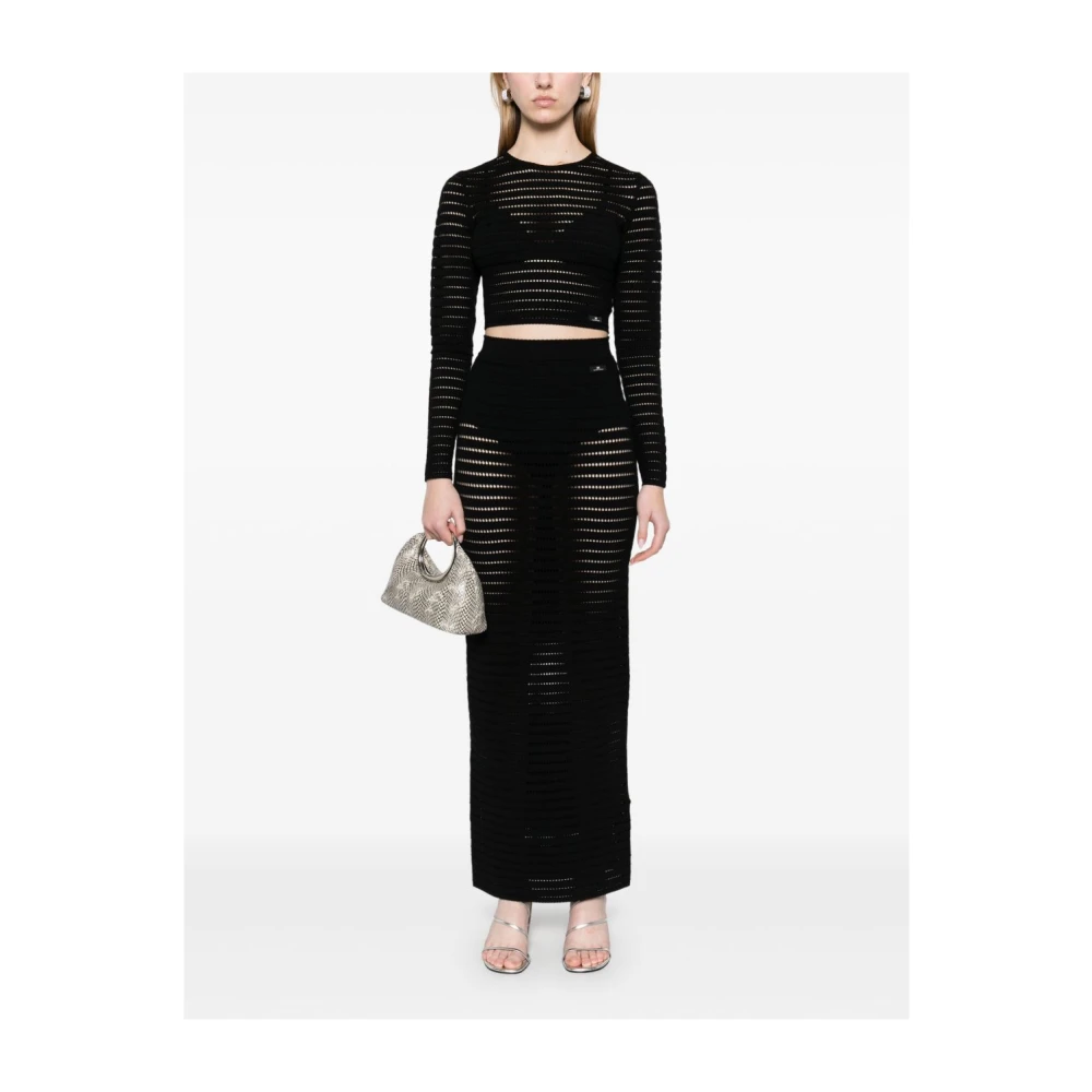 Elisabetta Franchi Zwart Logo Tag Ronde Hals Lange Mouw Black Dames