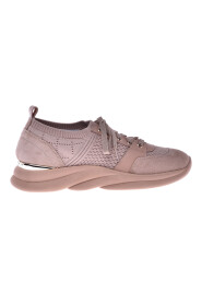 Nude leather and fabric low-top trainers
