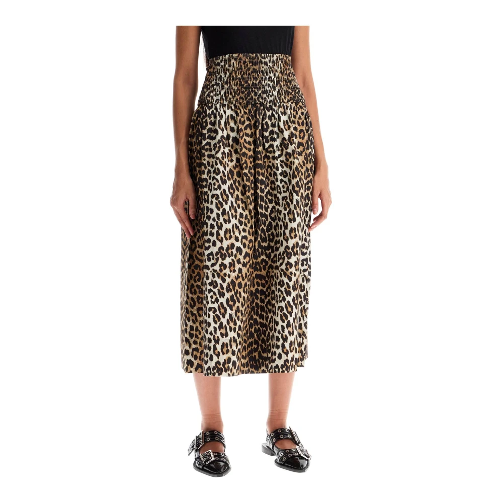 Ganni Leopard Print Smocked Cotton Midi Skirt Multicolor Dames