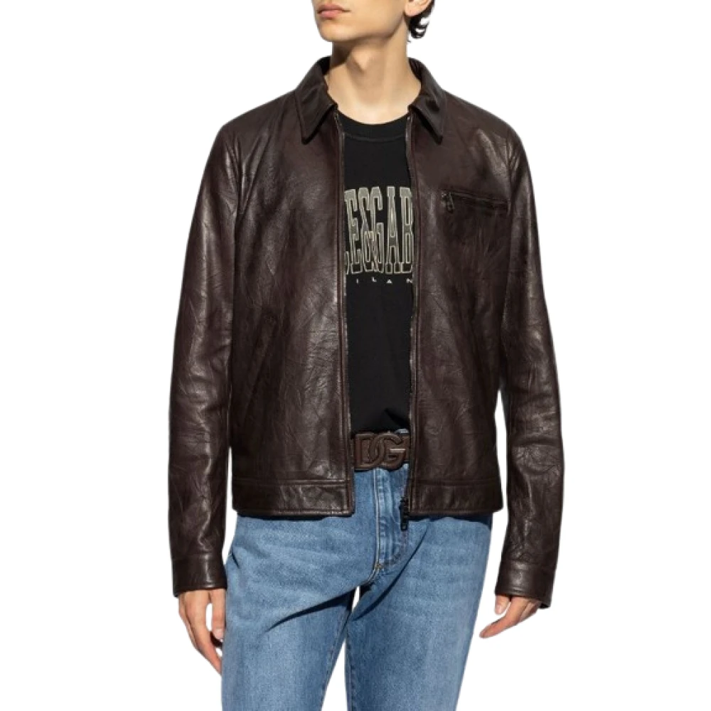 Dolce & Gabbana Leren jas met rits en zijden voering Brown Heren