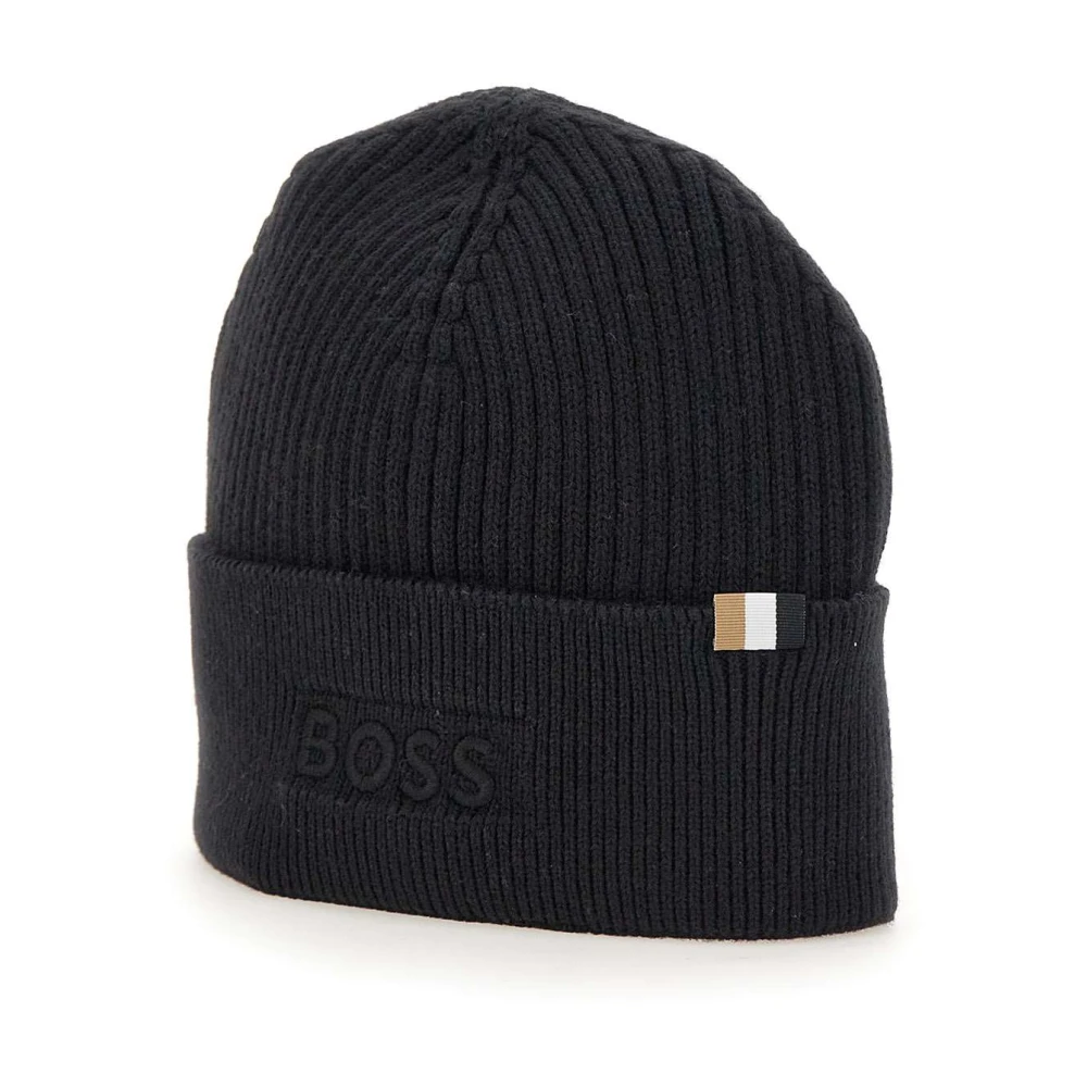 Hugo Boss Zwarte wollen en katoenen geribbelde pet Black Heren