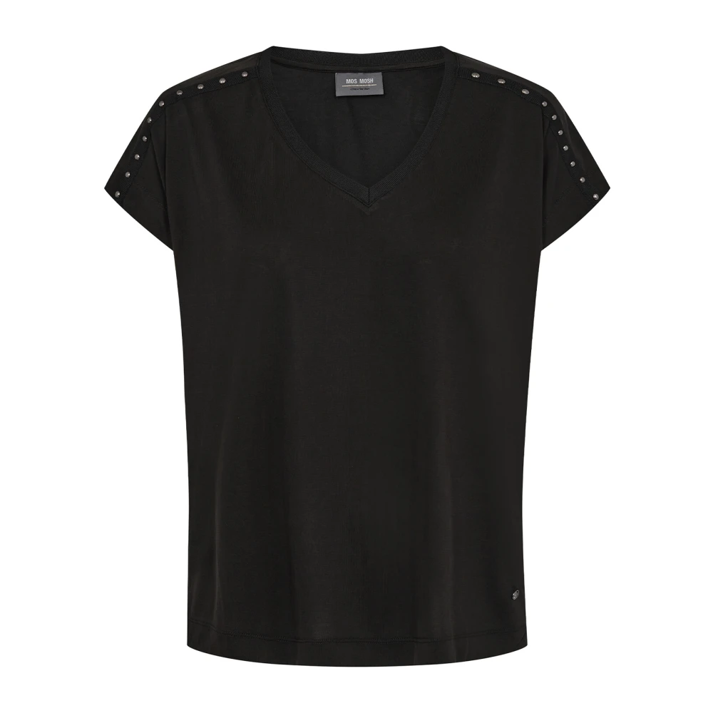 MOS MOSH Stud V-Neck Tee Top Zwart Black Dames
