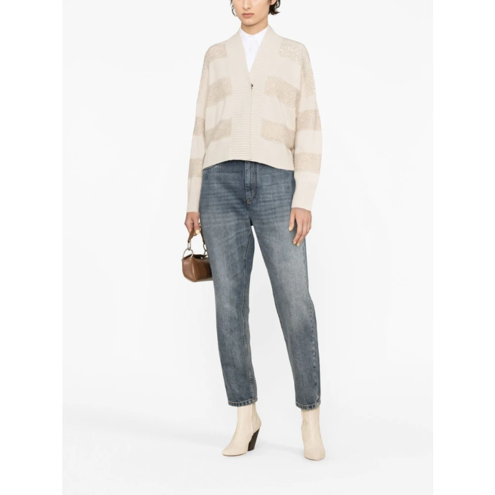 BRUNELLO CUCINELLI Gestreepte Pailletten-Verfraaide Cardigan Beige Dames