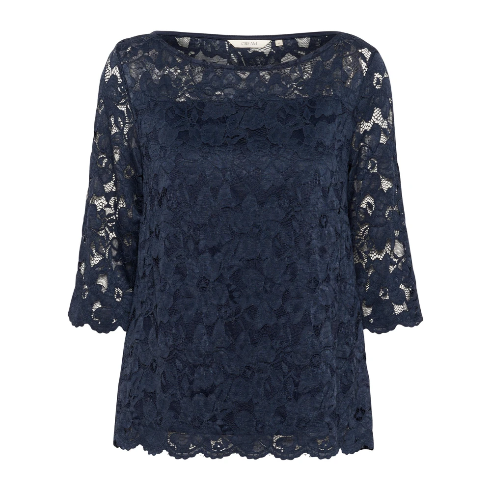 Cream Navy Kant Blouse met ¾ Mouwen Blue Dames