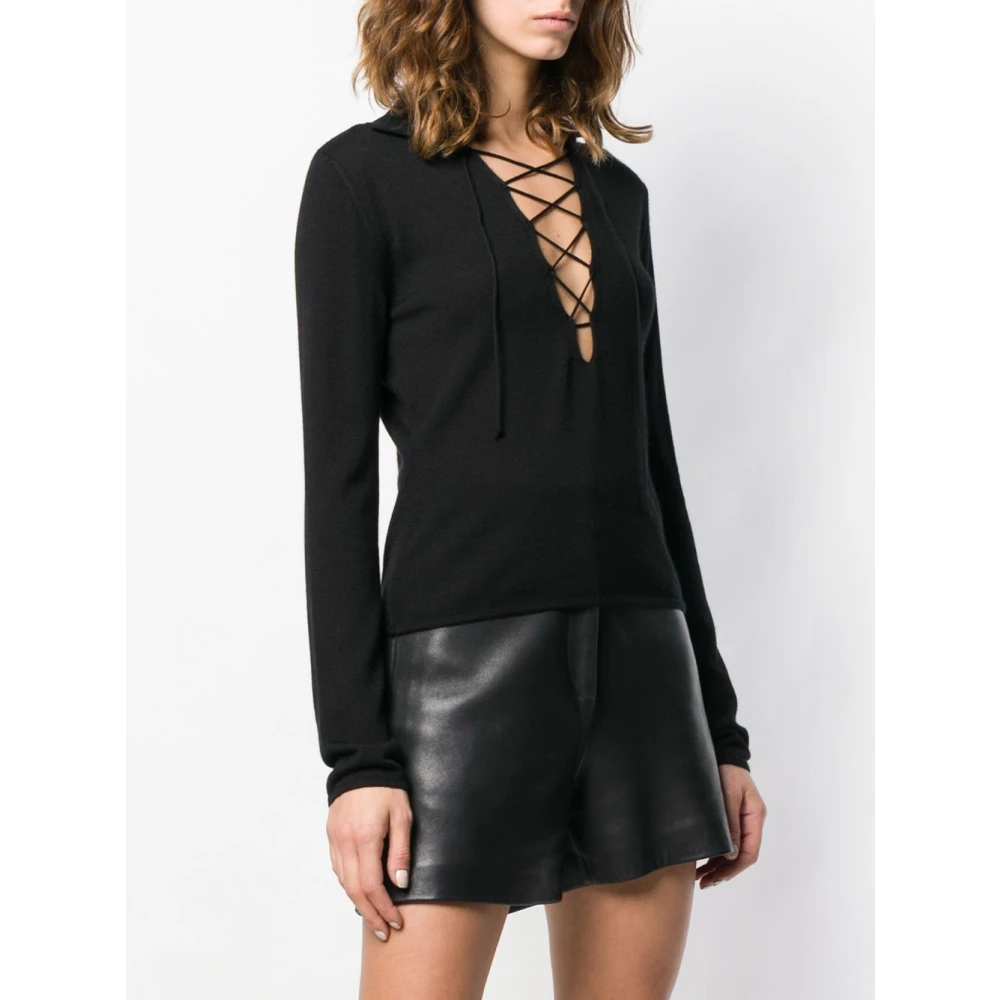 Saint Laurent Zwarte Kasjmier Zijden V-Hals Blouse Black Dames