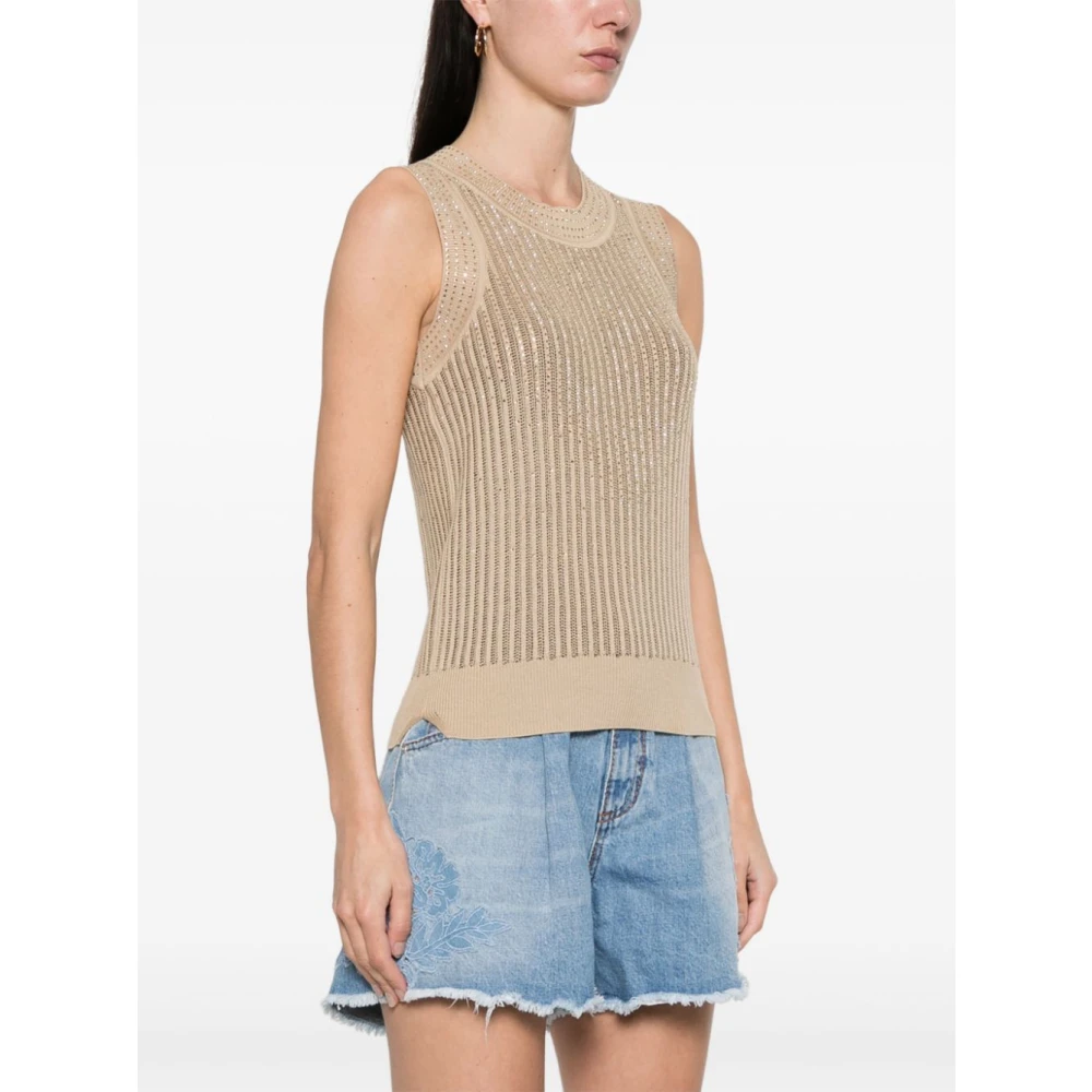 Ermanno Scervino Ivoor Geribbelde Mouwloze Top met Strass Beige Dames