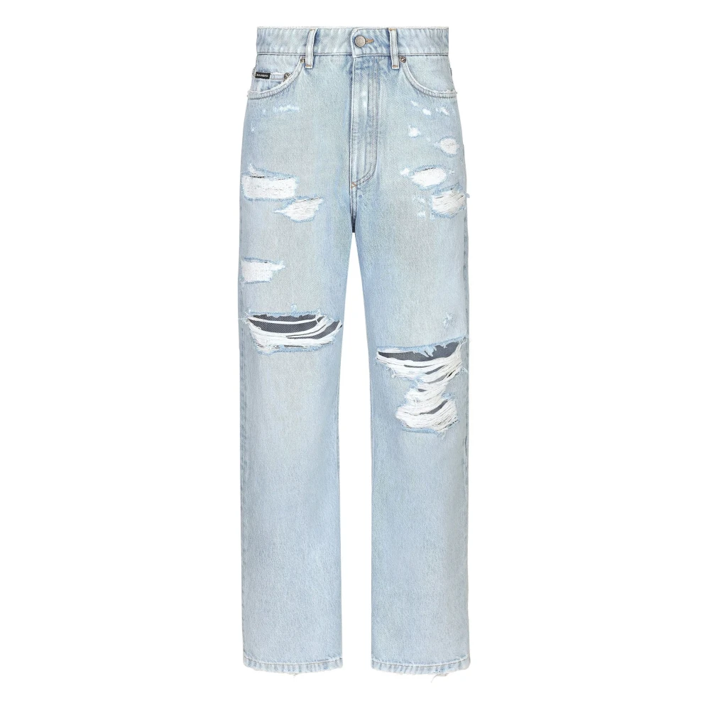 Blå Distressed Straight Leg Jeans