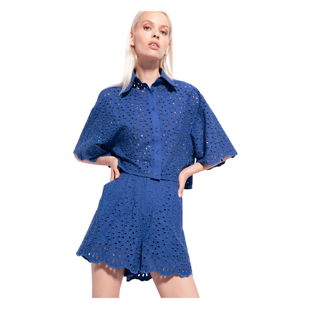 pinko Geborduurde shorts met hoge taille en ruches Blue Dames