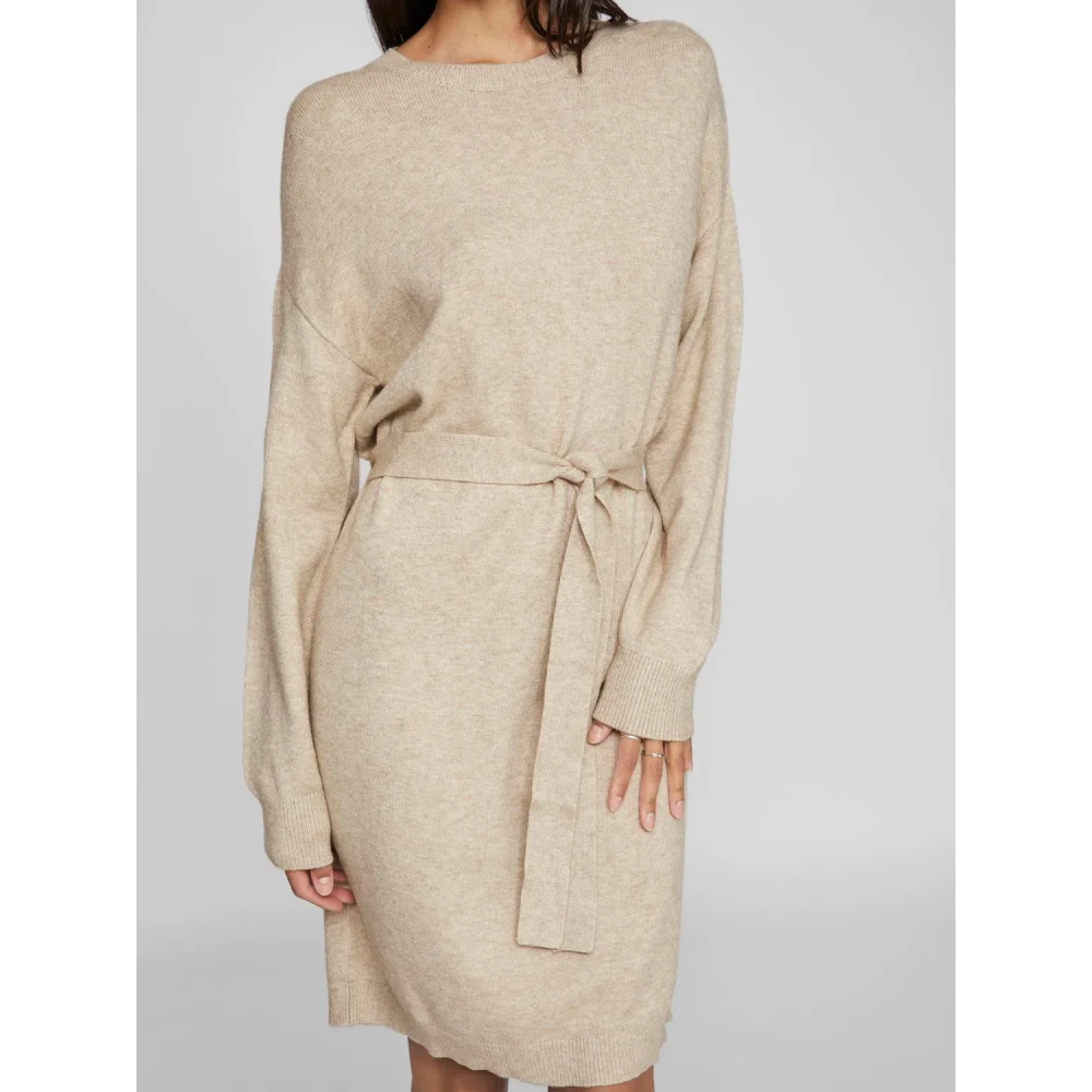 Vila Jurk met Lange Mouwen en Taille Riem Beige Dames