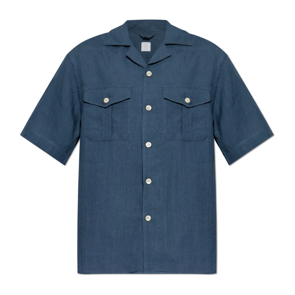 Eleventy Men's Blue Short Sleeve Shirts, M, Linen Shirt With Pockets
