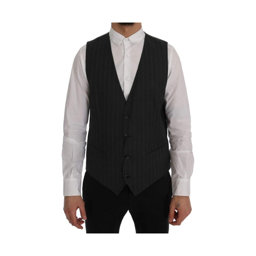 Dolce & Gabbana Elegante Grijze Gestreepte Single-Breasted Vest Gray Heren