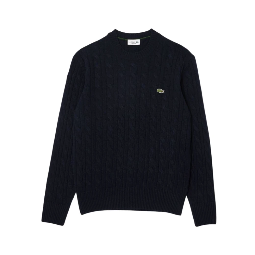 Lacoste Chunky Gebreide Ronde Hals Trui met Kabel Motief Blue Heren