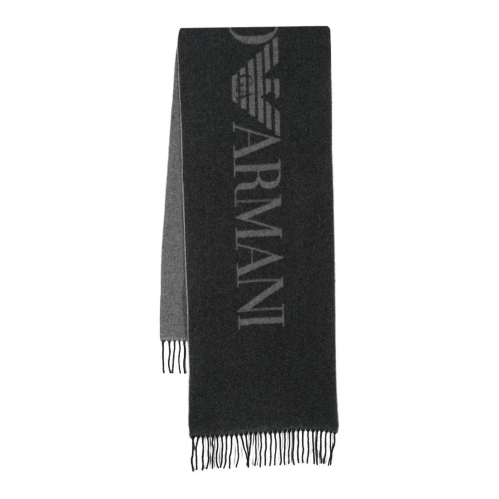 Emporio Armani Men's Gray Bicolor Logo Scarf With Fringes