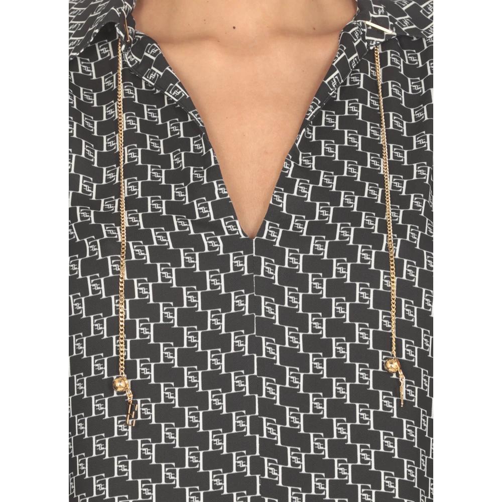 Elisabetta Franchi Zwarte V-hals Shirt met Metalen Ketting Black Dames