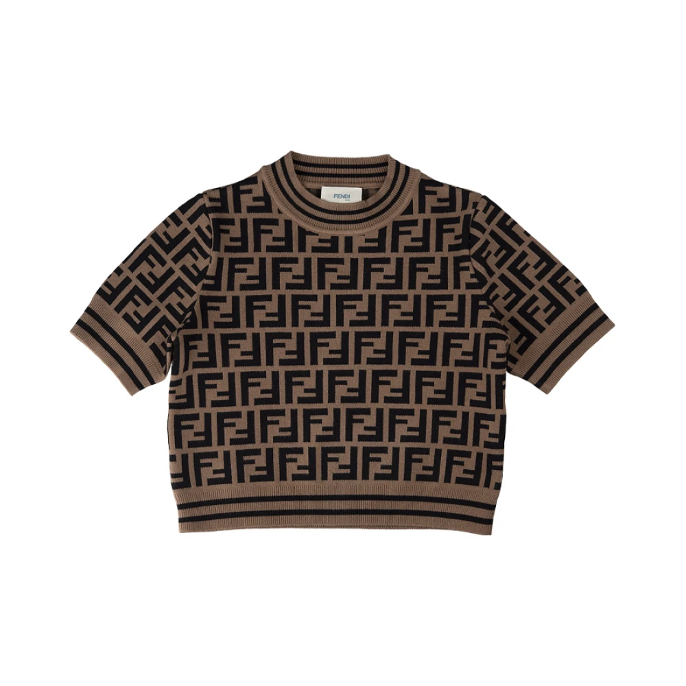 Fendi , Kids Knitwear, Female, Brown, 10 Y, Brown Logo Knit Pullover Girls Jumper