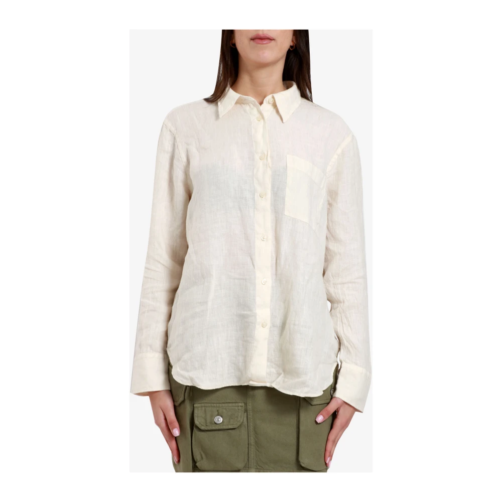 Roy Roger's Linnen Kraag Shirt Lange Mouw Knoop Beige Dames