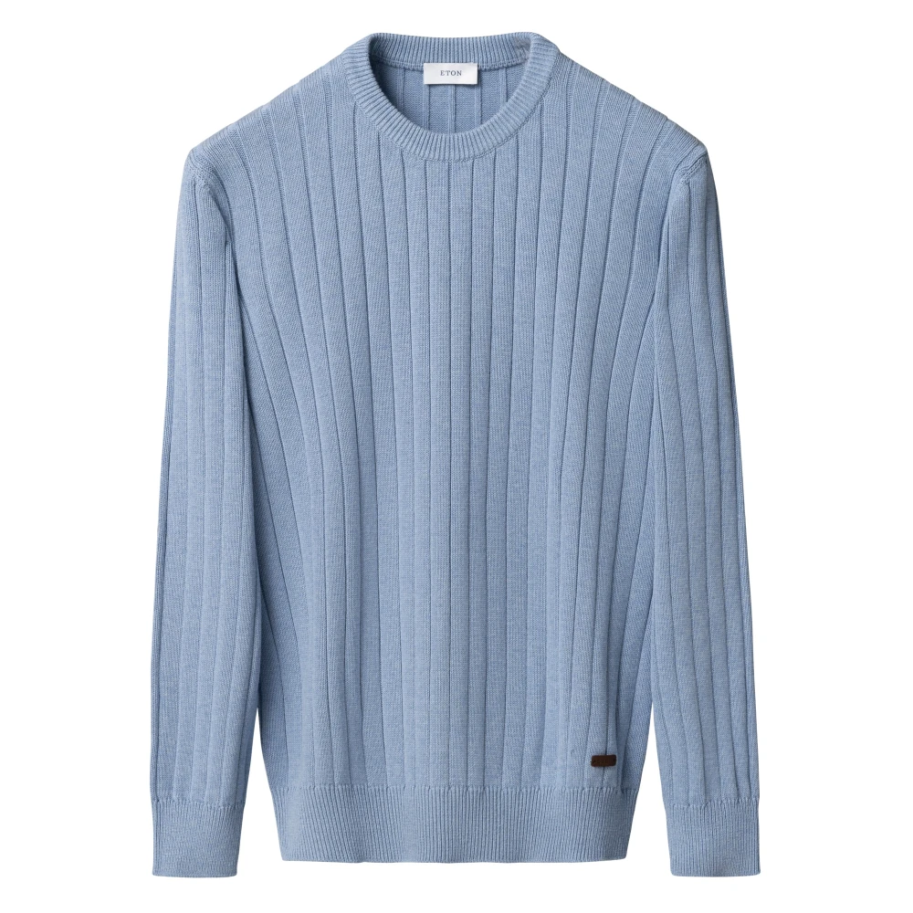 Eton Men's Blue Round-Neck Knitwear, M, Rib-Knit Crewneck Jumper In Light 10001439023