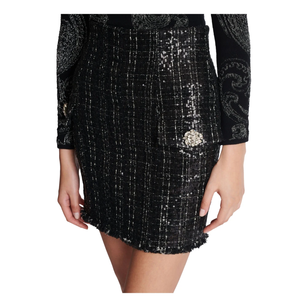 Balmain Paillet Tweed Mini Rok Black Dames