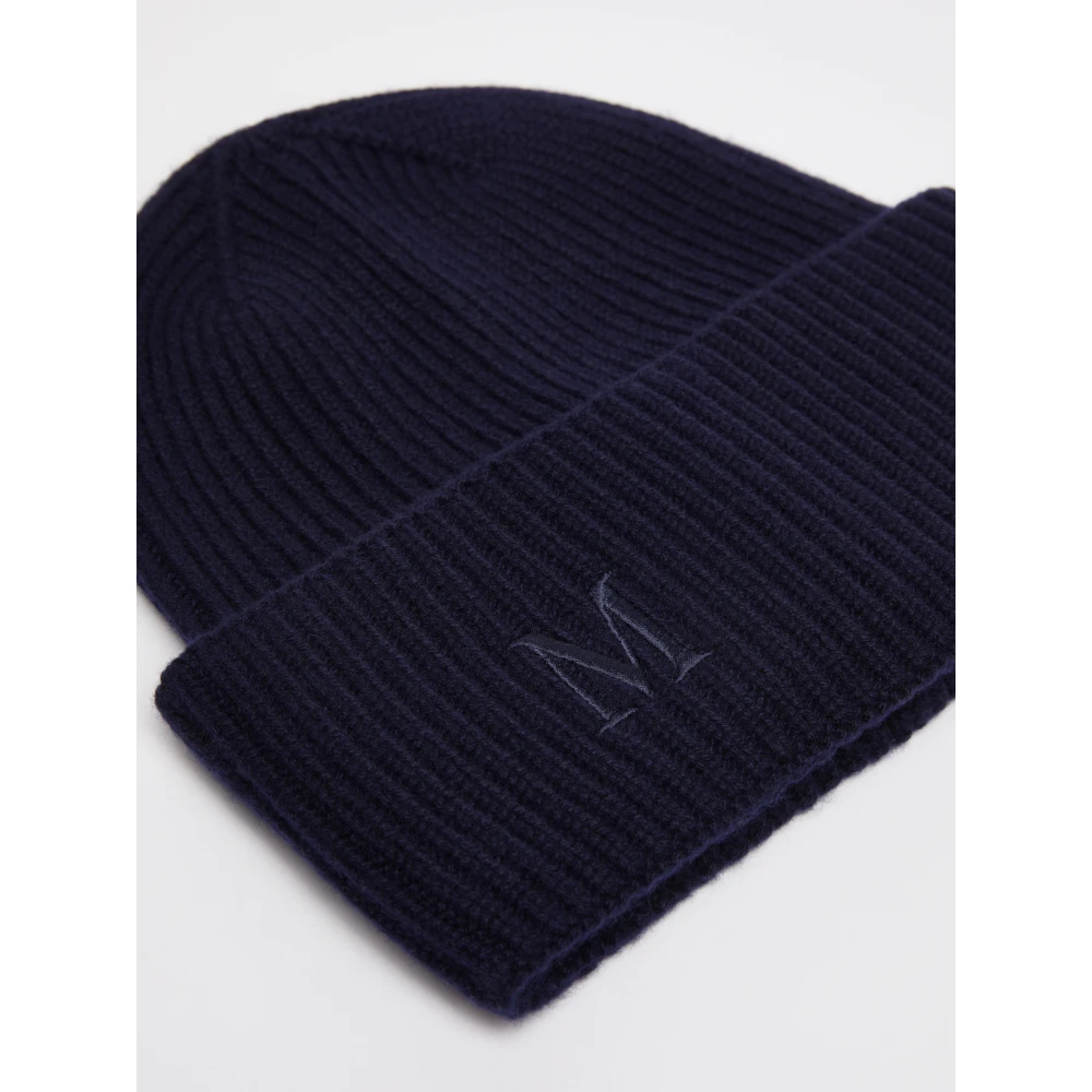 Max Mara Blauwe Geribbelde Kasjmiermuts met Voorlogo Blue Dames