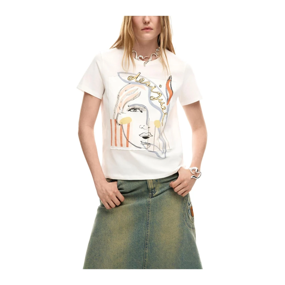 Desigual Women's White T-Shirts, L, Printed Short Sleeve Round Neck T-Shirt